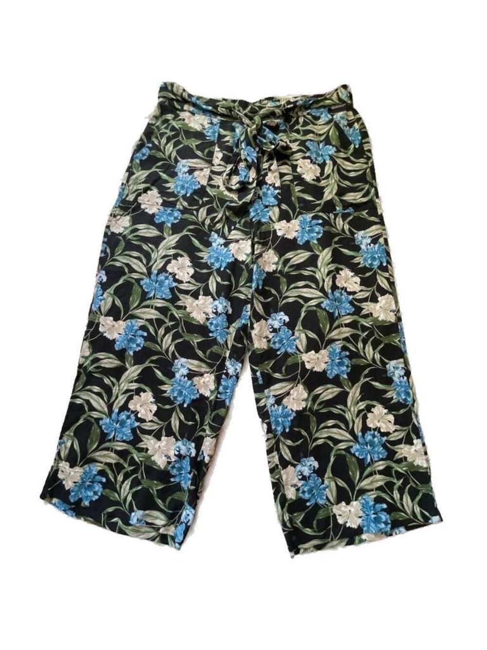 Kensie Jeans Floral Breathable Linen Blend Wide Leg Cropped Pants with Tie Waist